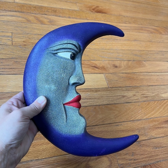Vintage 90s Ceramic Purple Moon Face Decor - Picture 5 of 8